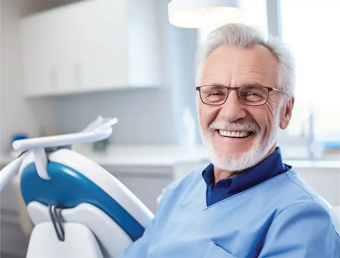 A dentist smiling warmly beside a dental chair in a bright, modern clinic